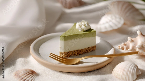 Fototapeta Elegant Matcha Dessert Slice with Golden Fork and Seashells: A delicious, visually appealing treat.