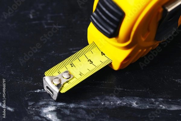 Fototapeta Close-up of yellow measuring tape on dark blackboard surface. Precision tool for construction, DIY or tailoring. Bright color contrast for measurement concept. Simple composition.