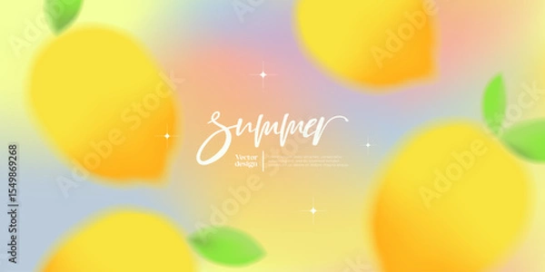 Fototapeta Summer gradient background with blurred lemons. Suitable for print, cover, social media, banner, backdrop, packaging, promotion.
