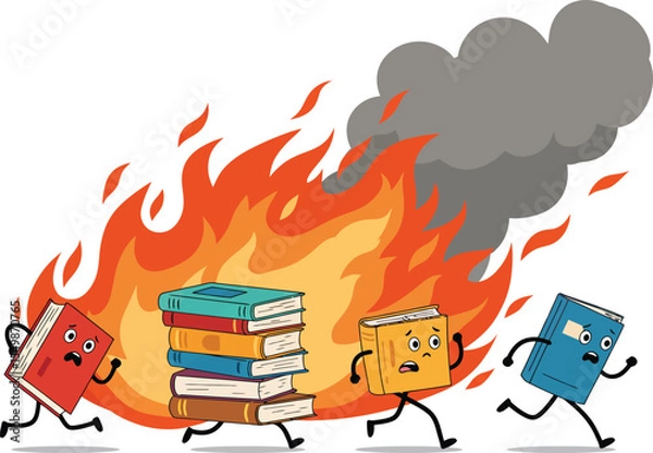 Fototapeta lllustration of books escaping from fire, isolated on white background