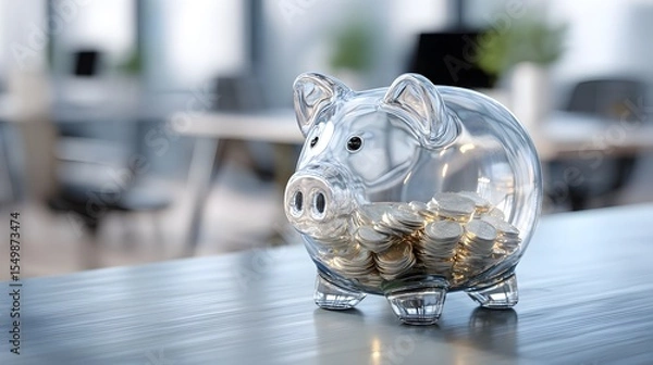 Fototapeta Immaculate Glass Piggy Bank with Luminous Coins Adorning a Fashionable Modern Desk in a Bright and Dynamic Business Workspace