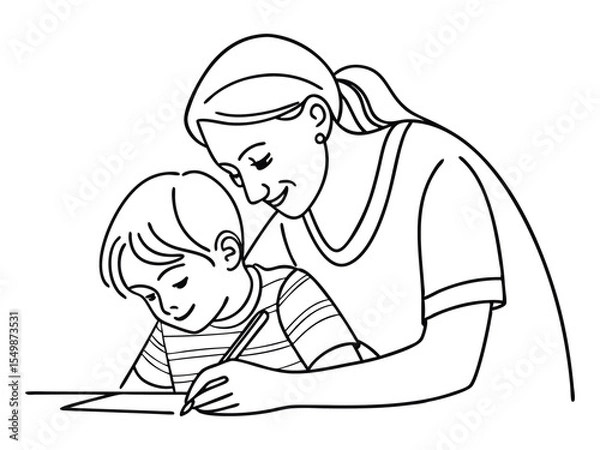 Fototapeta Continuous one line drawing of loving young mother and daughter drawing painting in an album or learn to write in notebooks or in writing