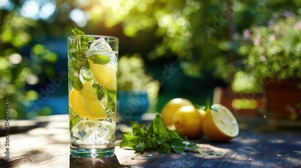 Fototapeta Refreshing lemonade with lemon slices and mint in a clear glass, served outdoors on rustic wood, surrounded by greenery in warm summer sunlight