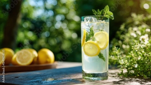 Fototapeta Refreshing lemonade with lemon slices and mint in a clear glass, served outdoors on rustic wood, surrounded by greenery in warm summer sunlight