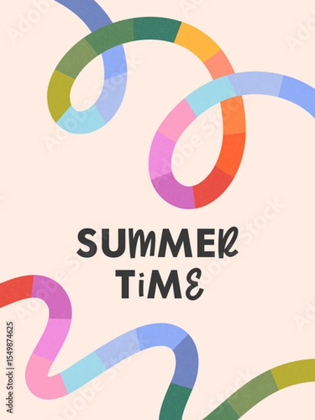 Fototapeta Summer vector illustration with bright rainbow lines.Abstract background with multicolored dinamic shapes.Summer artistic banner in simple style.Template for prints,banners,ad,covers,branding,fashion