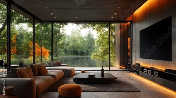 Fototapeta A modern living room with large windows offering stunning views of a lake and autumn trees. Luxurious furniture and a home theatre system.