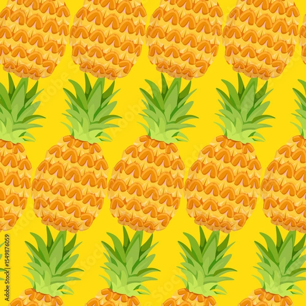 Fototapeta Seamless pattern of diagonally tilted realistic pineapples on a yellow background