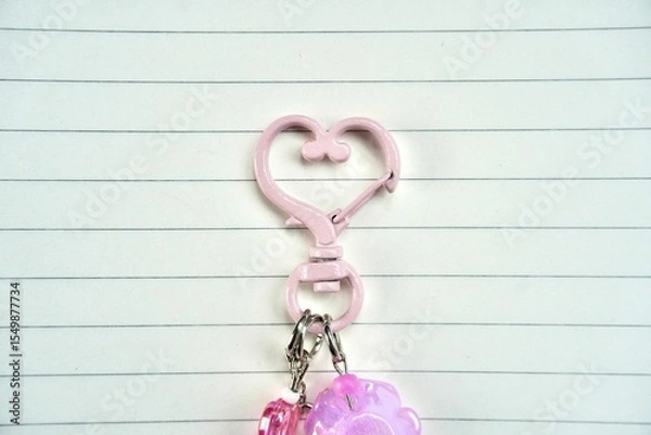 Fototapeta Close up pink heart shaped key chain hook isolated on horizontal note book lined paper background.