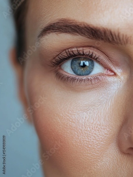 Obraz Up close portrait of a woman's face focusing on her brown eyes and the skin texture around them, highlighting makeup application with fine lines and contemplative expression.