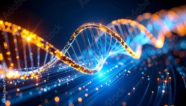 Fototapeta Macro shot of a DNA strand intertwined with fiber optic cables and light particles, symbolizing data flow and digital biology, glowing effects on dark background.