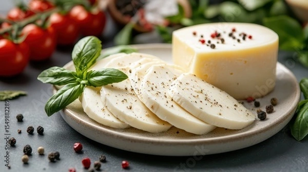 Fototapeta A mouth-watering platter showcases fresh mozzarella cheese slices drizzled with pepper and elegantly garnished with vibrant tomatoes and fragrant basil leaves, inviting deliciousness.