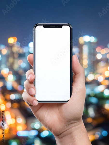 Fototapeta Person holding smartphone with blank white screen in front of blurred cityscape at night with colorful lights glowing softly