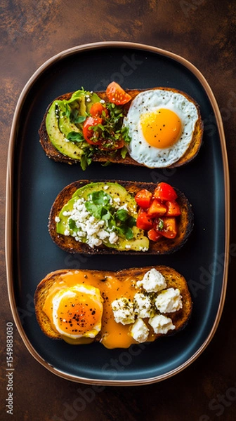 Fototapeta Toast assortment: avocado with poached egg, ricotta with honey, feta with fresh tomatoes