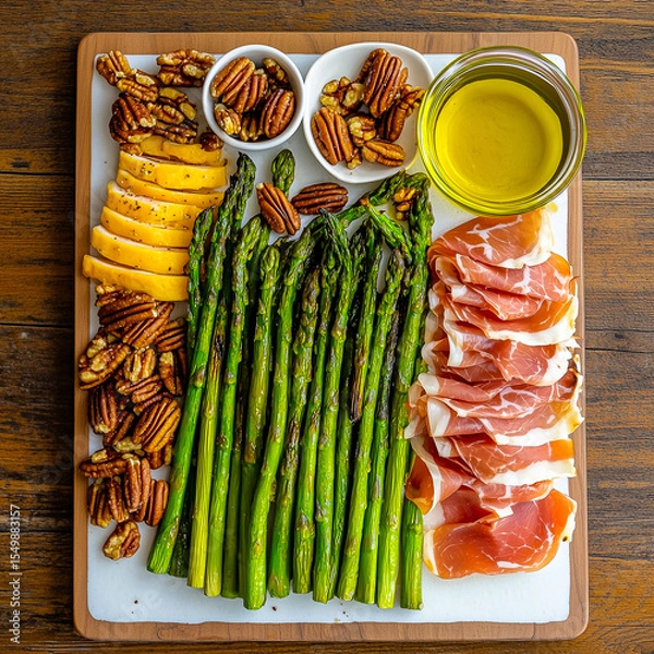 Fototapeta Large board with roasted asparagus, slices of prosciutto, pecans, and olive oil