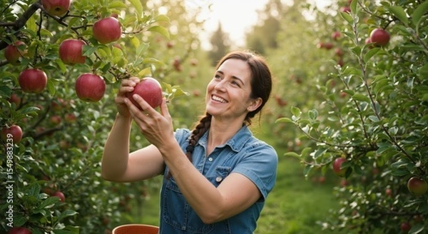 Fototapeta Woman picking red apples while smiling in an orchard during summer  