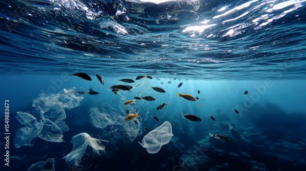Fototapeta Plastic trash in the ocean. Environmental pollution. sea is covered in plastic and dead sea creatures. global problem, threat ocean wildlife and calling for urgent action to protect the environment.