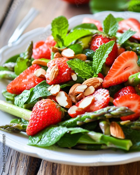 Fototapeta Strawberry and asparagus salad with spinach, mint and almonds