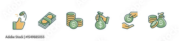 Fototapeta pile of coin and billfold money stack icon line set financial wallet cash dollar bag signs vector illustration