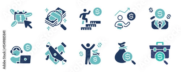 Fototapeta simple business employee working get paycheck salary icon set financial income earning dollar bag billfold money symbol vector illustration