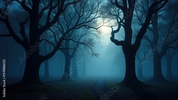 Fototapeta Mysterious dark forest path shrouded in ethereal blue fog with silhouetted trees and a faint light source in the distance