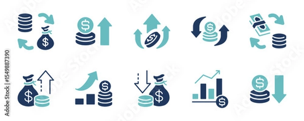 Fototapeta business profit money arrow icon vector set financial success income earning growth dollar bag and coin stack up and down arrow signs vector illustration