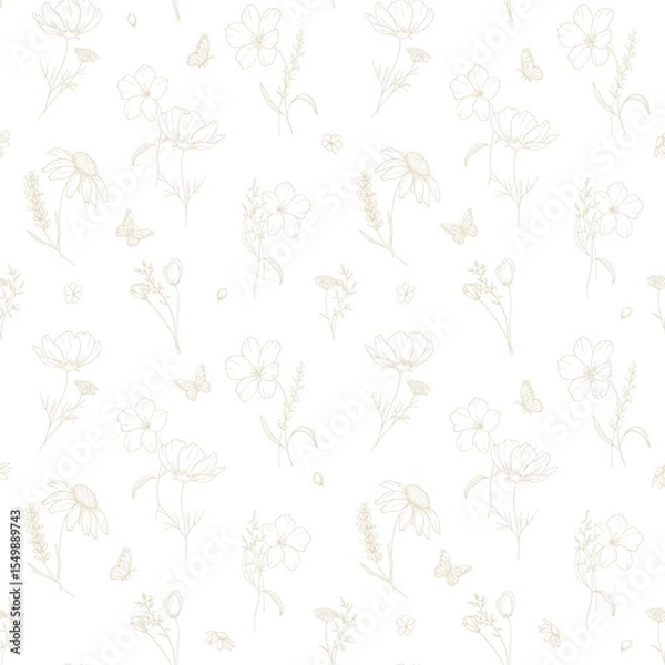 Fototapeta Delicate floral seamless pattern gold bouquets  with wild flowers, herbs, spikelets and butterflies  elements contour line art style drawing  hand drawn white background
