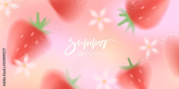 Fototapeta Summer gradient background with blurred strawberries. Suitable for print, cover, social media, banner, backdrop, packaging, promotion.