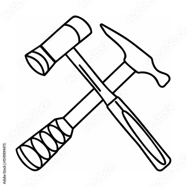 Fototapeta Black and White Line Drawing of Crossed Hammers and Mallet