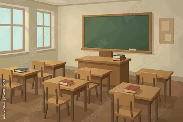 Fototapeta Low poly vector school classroom with desks chalkboard books and windows simple layout