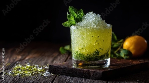 Fototapeta Crushed ice cocktail with lemon and mint in a glass, shot on rustic wood with moody lighting, perfect for bar menus, summer ads and editorial drink features