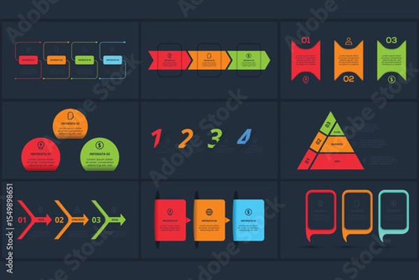 Obraz Set creative concept for infographic with 3, 4, steps, template for web on a black background.