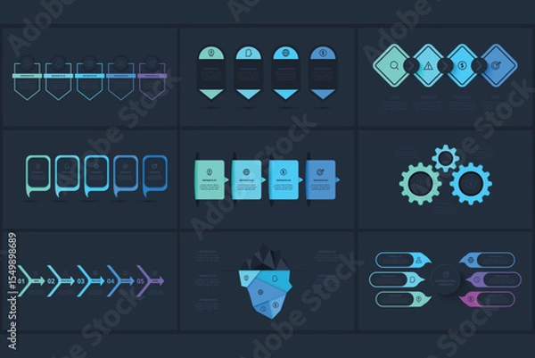 Obraz Set creative concept for infographic with 3, 4, 5, 6, 7 steps, template for web on a black background.