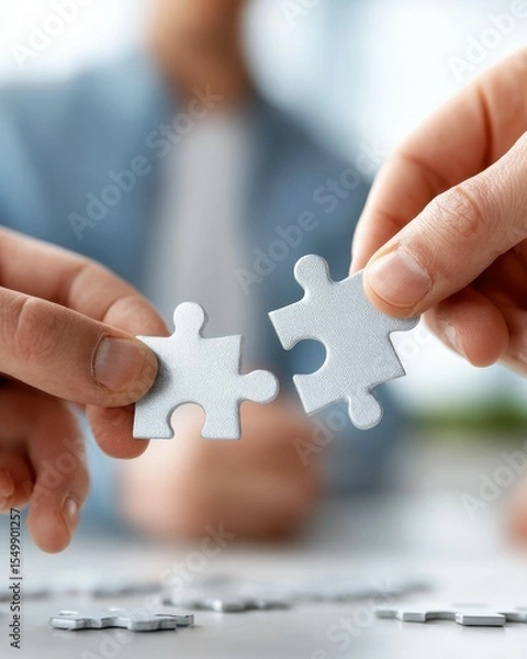 Fototapeta Business people company teamwork collaboration puzzle jigsaw concept. Colleagues Engaged in Collaborative Puzzle Fitting and Problem Solving in a Bright Office Setting