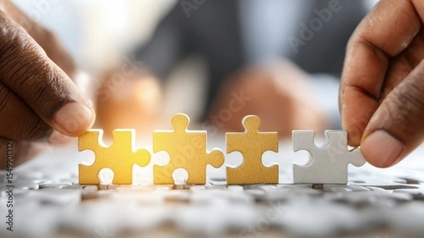 Fototapeta Business people company teamwork collaboration puzzle jigsaw concept. Business Team Discussing Strategies Using Puzzle Pieces to Illustrate Collaboration and Problem Solving