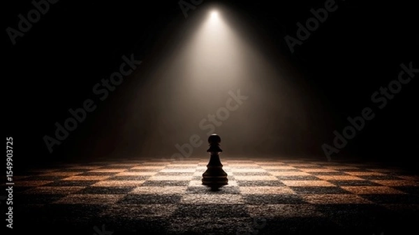 Fototapeta Chess pawn illuminated on an empty board in dramatic lighting