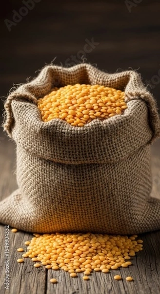 Fototapeta A burlap sack filled with yellow lentils sits on a rustic wooden table