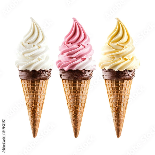 Fototapeta three soft serve ice cream cones isolated on transparent white background, clipping path