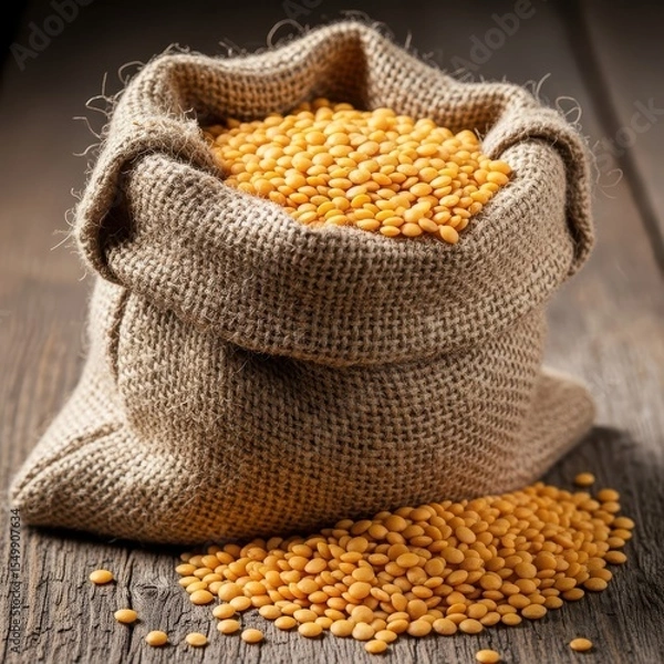 Fototapeta Yellow lentils spilling from a burlap sack on a rustic wooden table
