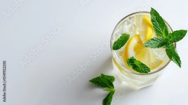 Fototapeta Fresh lemonade with ice cubes, mint leaves, and lemon slices in a clear glass, captured from an angle on a white background with soft shadows – perfect summer refreshment