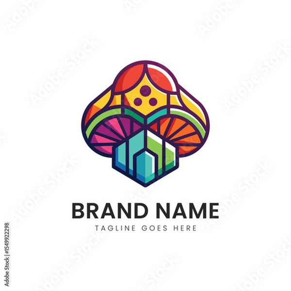 Obraz A vibrant and colorful abstract logo design featuring geometric shapes and a floral motif, conveying creativity and growth.