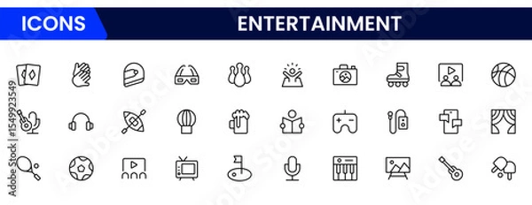 Fototapeta Vibrant vector web line icons showcasing entertainment, movies, music, games, and digital platforms for immersive and joyful leisure experiences.