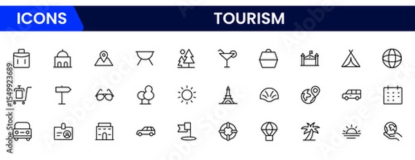 Fototapeta Vibrant vector web line icons depicting tourism, travel, landmarks, maps, and cultural adventures for memorable global exploration experiences.