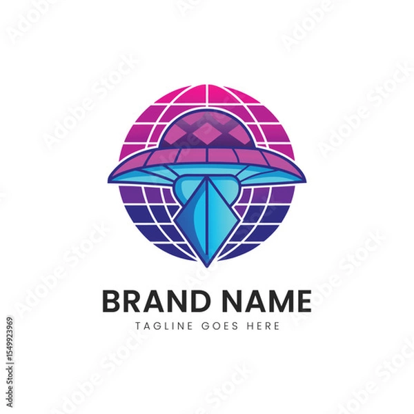 Obraz A vibrant, futuristic logo design featuring a stylized mushroom and diamond shapes, set against a colorful globe, representing innovation and creativity.