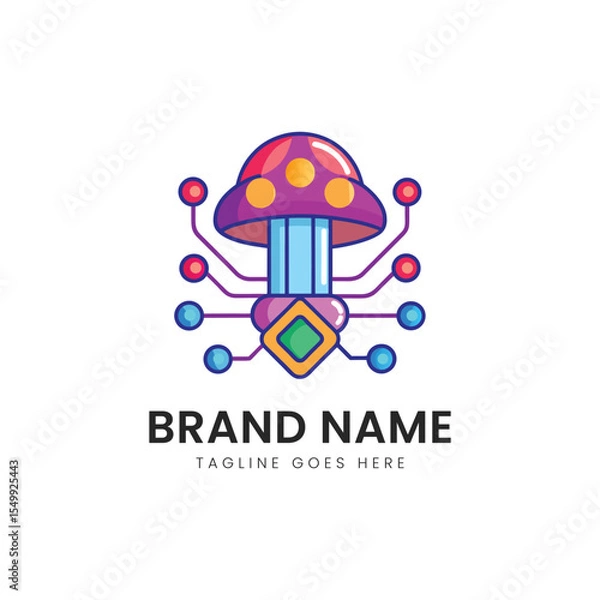Obraz A vibrant, stylized mushroom logo featuring a colorful cap and circuit-like elements, blending nature with technology in a playful design.