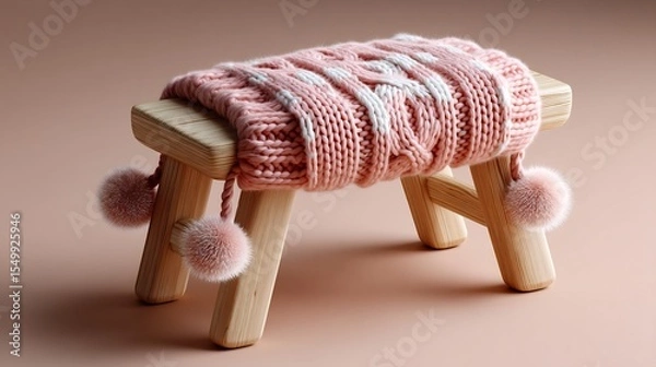 Fototapeta Cozy knitted blanket with pom-poms draped over a rustic wooden stool, indoor comfort