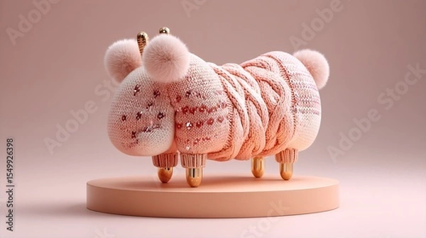 Fototapeta Cute pink knitted sheep with golden accents, on a matching pink platform, artistic render