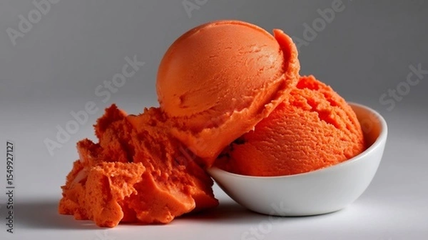 Fototapeta Delicious Orange Ice Cream Scoops Served in a White Bowl on a Minimalist Table