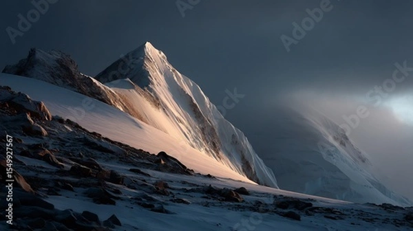 Fototapeta Dramatic Sunlight on Snow-Capped Mountain Peaks against a Dark Sky Backdrop