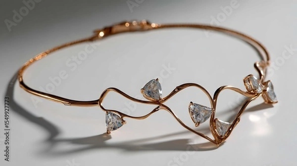 Fototapeta Elegant gold bracelet adorned with sparkling triangular cut diamonds on white surface