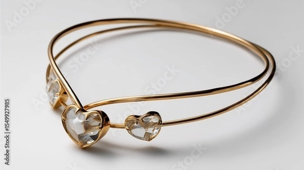 Fototapeta Elegant gold bracelet with heart-shaped gemstones on a clean white background